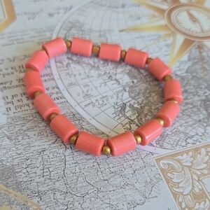 Coral Beaded Stretch Bracelet with Gold Accents